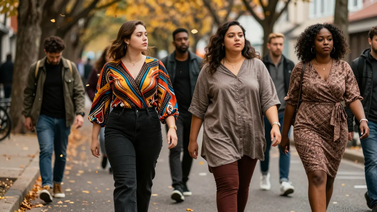 Diverse individuals walk down a leafy street, each wearing clothes that celebrate their unique body proportions.
