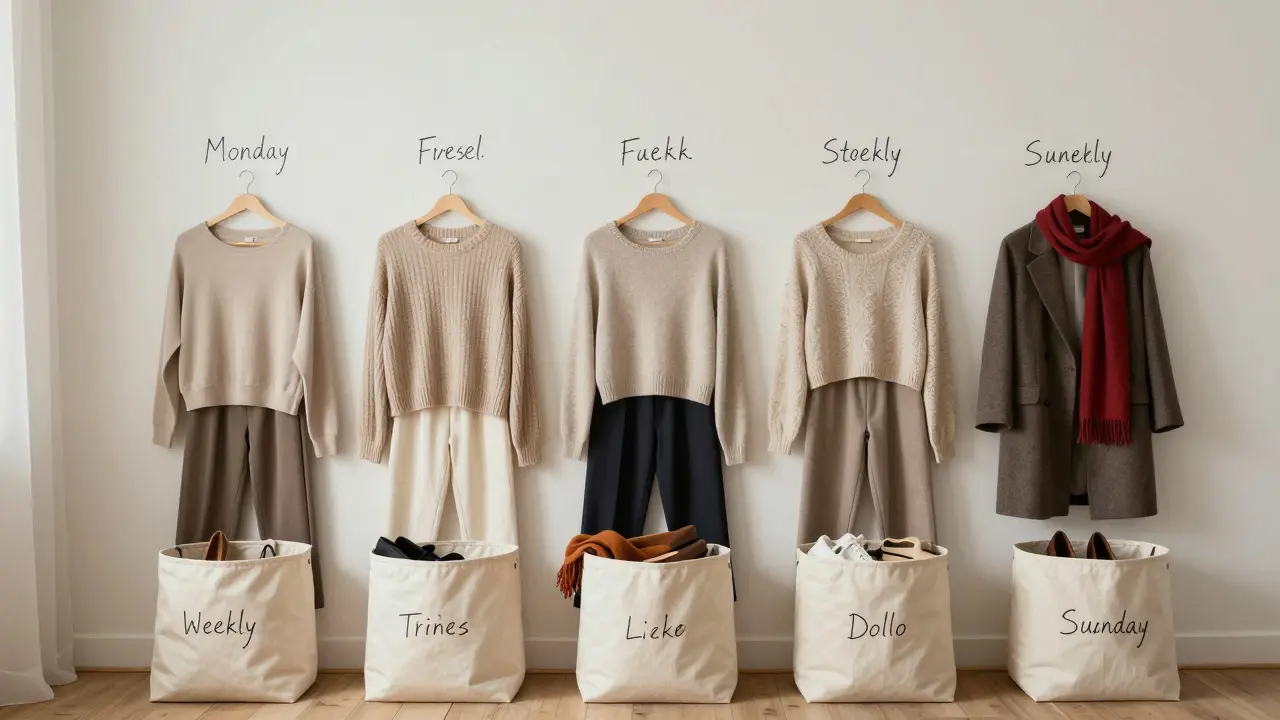 Five curated outfits stored in labeled bins in a minimalist bedroom, with a chalkboard showing daily assignments.