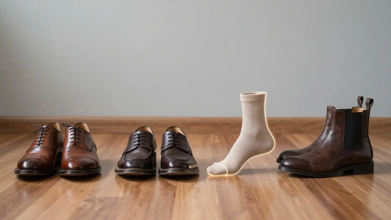 Four professional shoe styles arranged neatly on wood flooring, each showing subtle comfort features.
