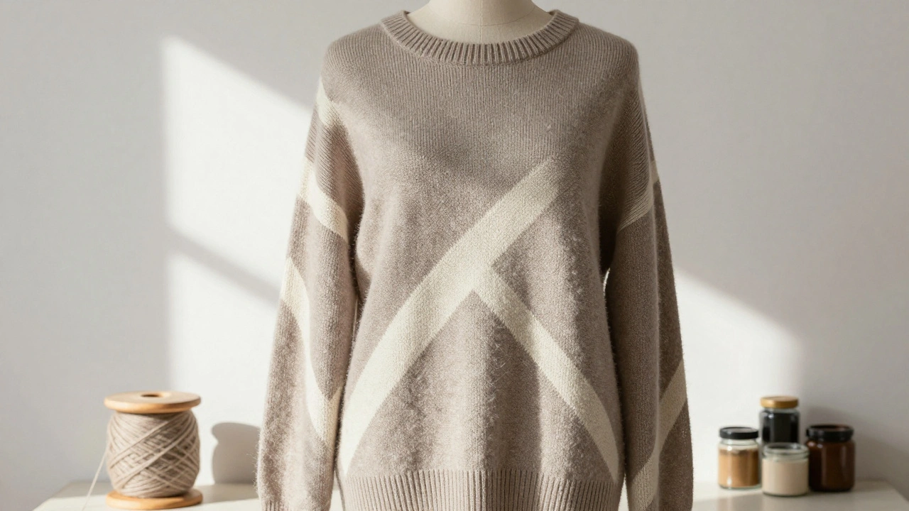 Geometric knit sweater in soft tones displayed with natural dyes and wooden tools.