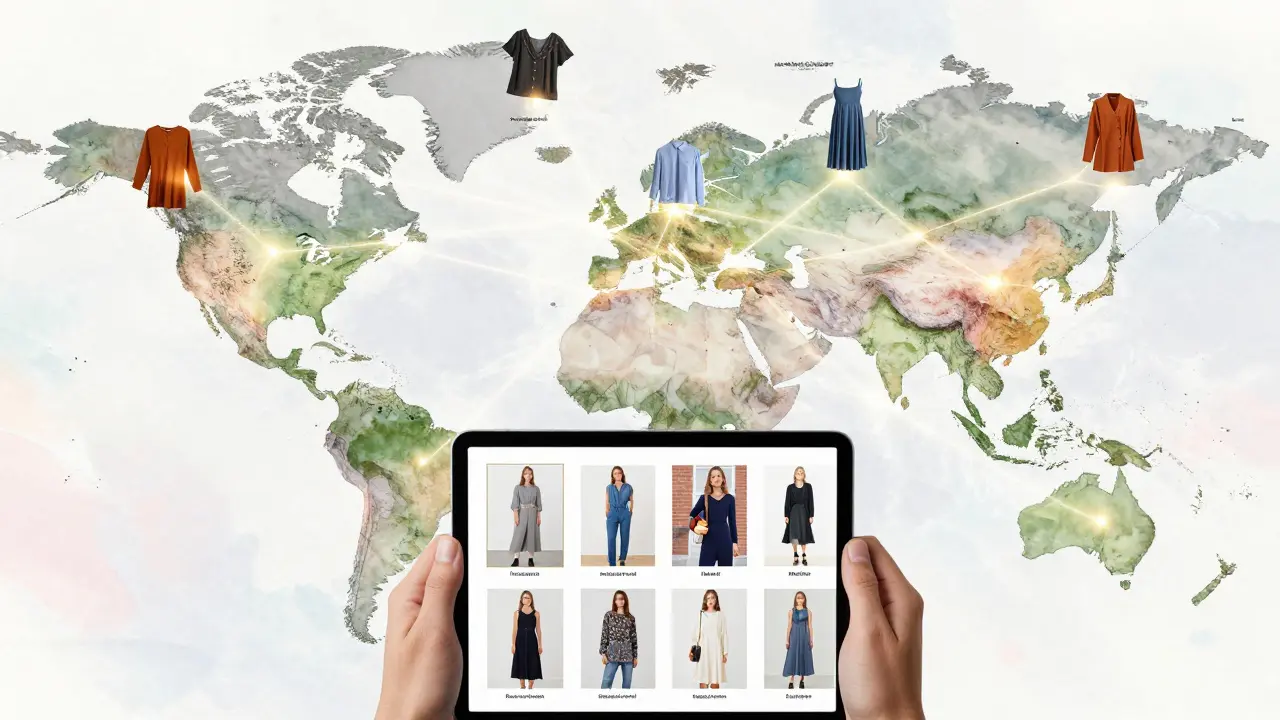 Global map with clothing items connected by threads to cities, highlighting cultural fashion influences across continents.