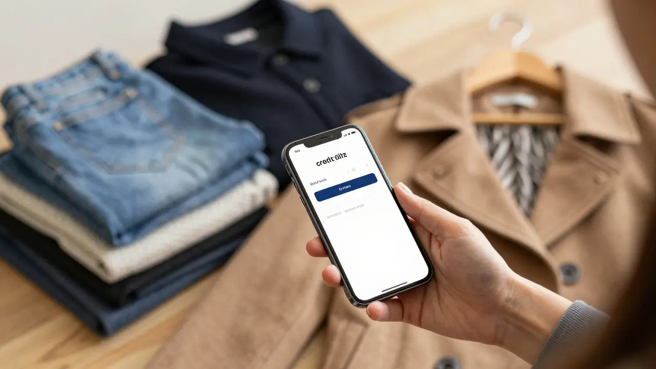 Hands holding a store credit code next to a new coat, with traded-in clothes in the background.