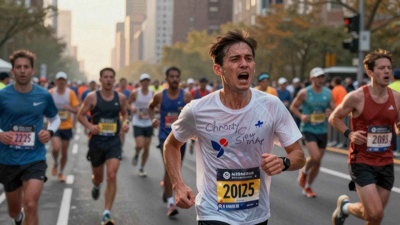 Marathon runner at finish line wearing a personalized charity shirt, surrounded by others in similar gear.
