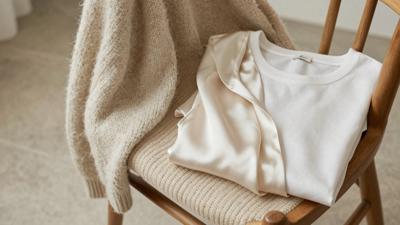 Merino wool sweater, silk blouse, and cotton tee arranged together on wood.