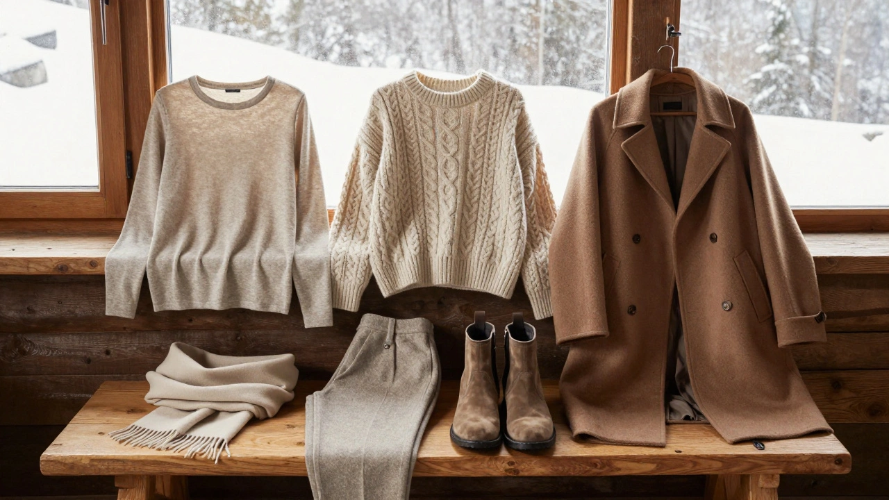 Minimalist après-ski capsule wardrobe on wooden bench with wool, leather, and knit pieces.