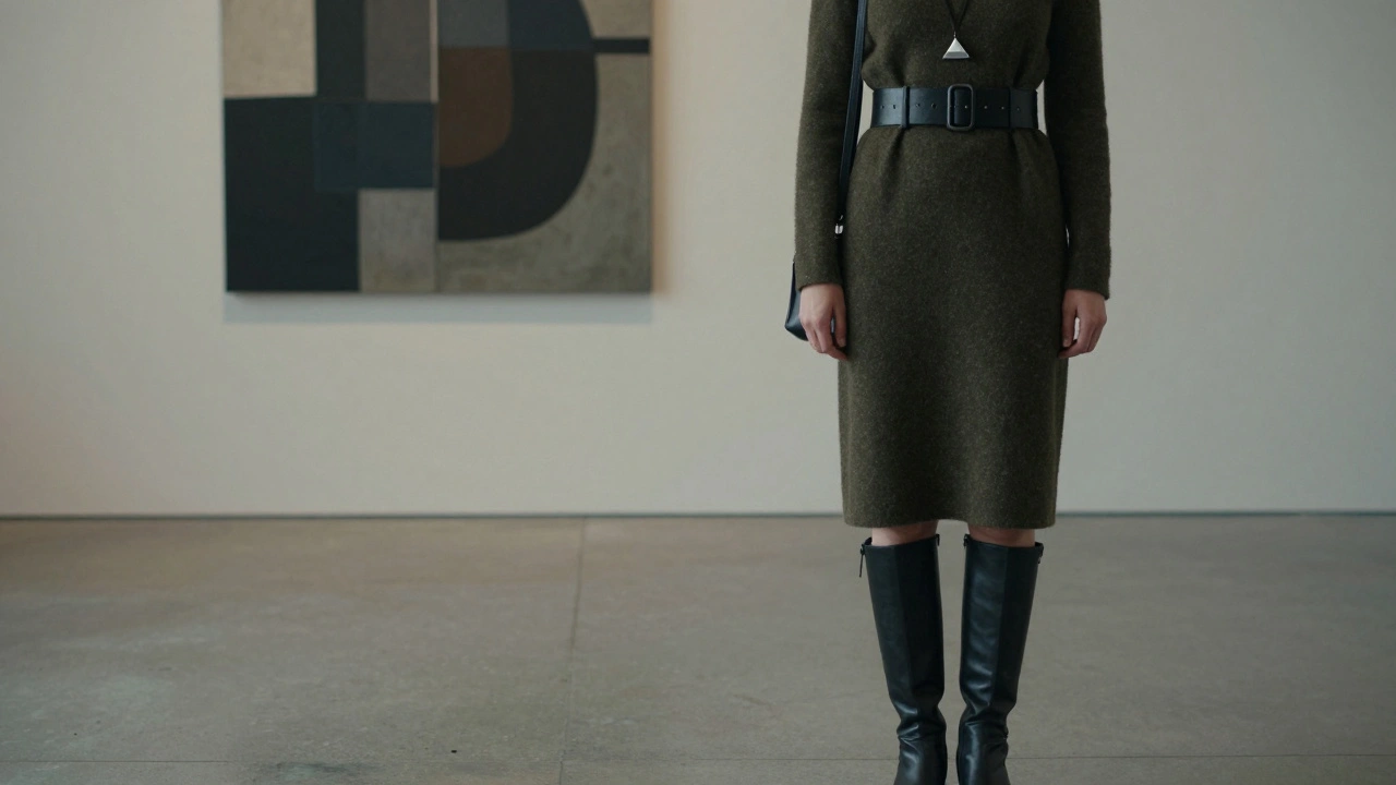 Olive wool dress with leather belt and knee-high boots standing near abstract art in a quiet gallery.