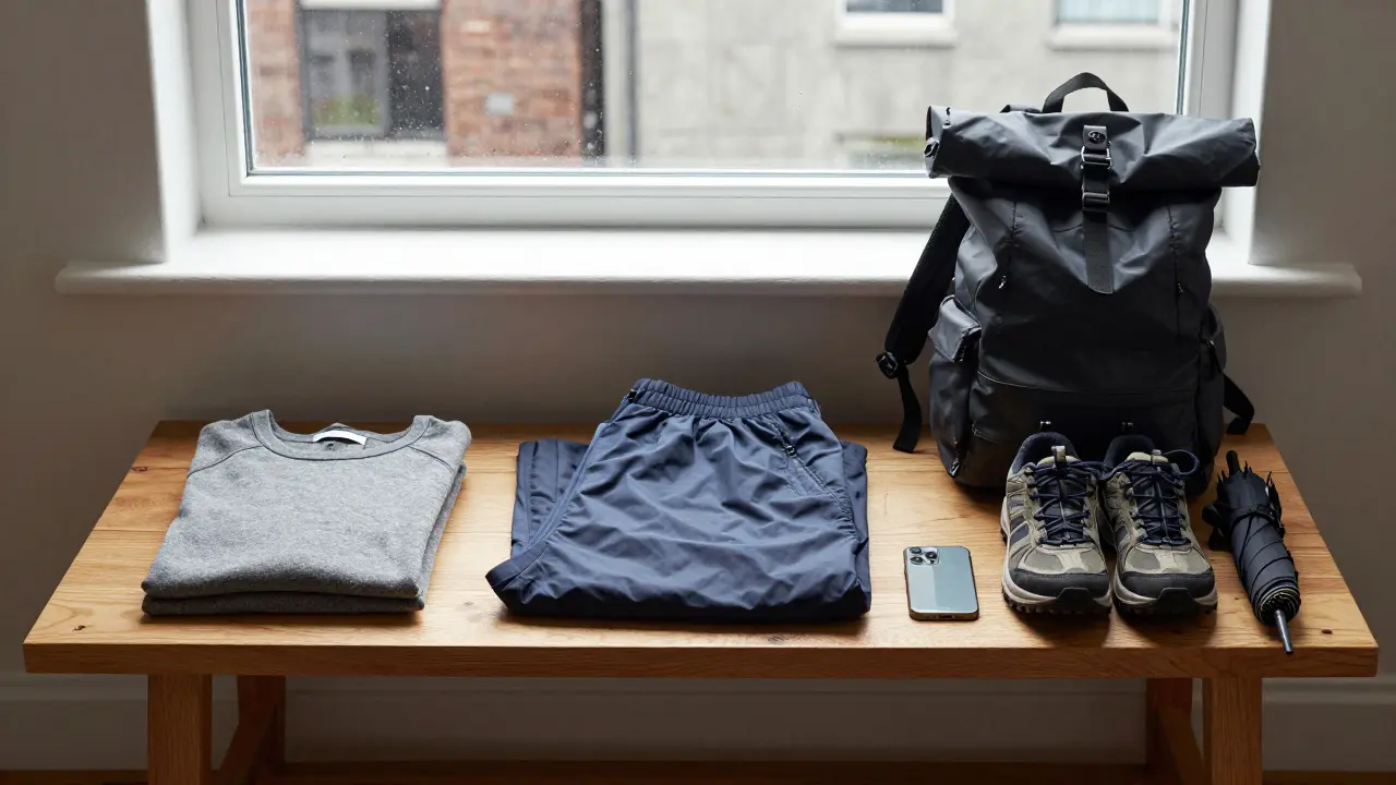 Organized monsoon-ready outfit on a wooden bench: jacket, pants, shoes, backpack, and umbrella in natural light.