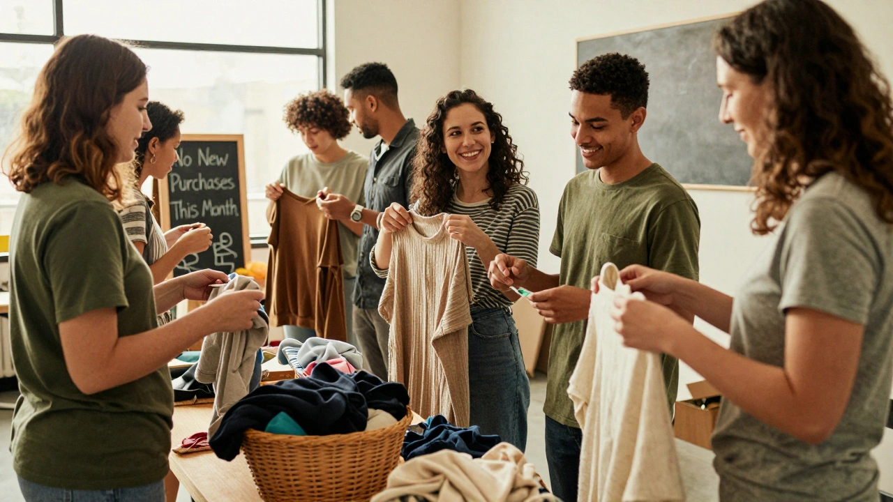 People exchanging clothes at a community swap event in a bright room