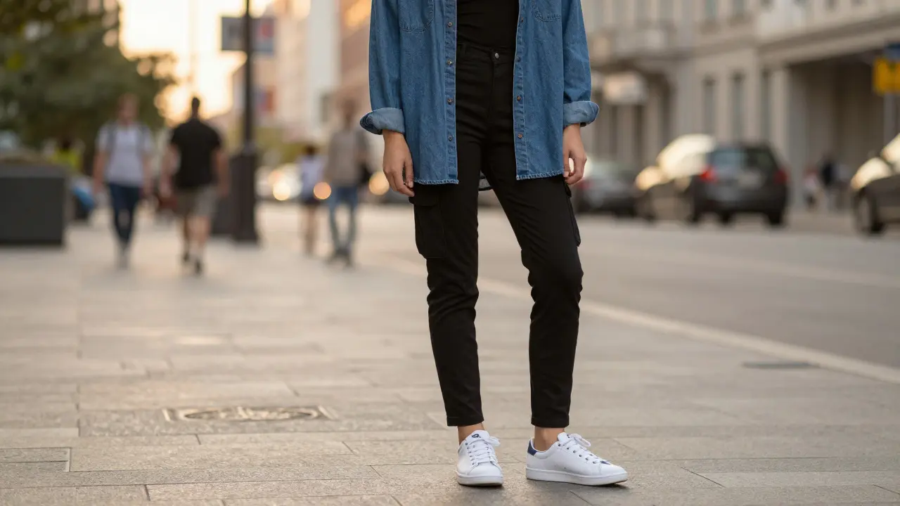 Person in oversized denim shirt over tank top with slim cargo pants and white sneakers on a city street.