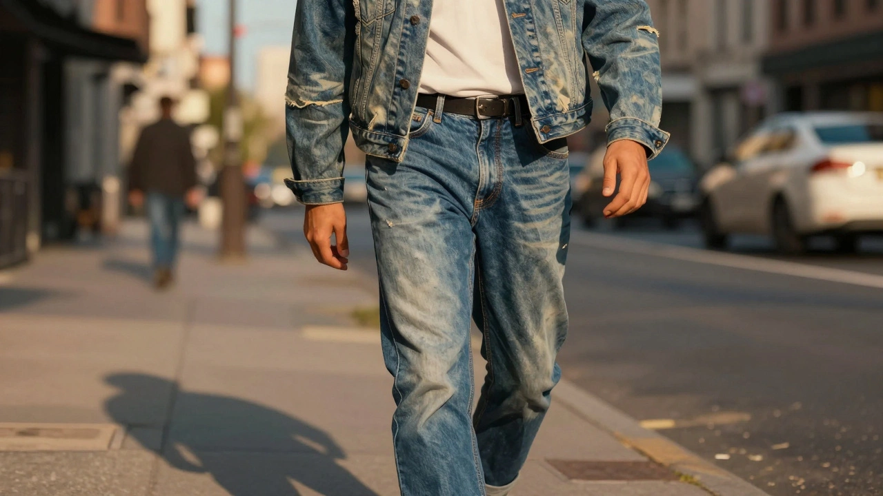 Person walking in worn denim jacket and jeans under golden hour light.