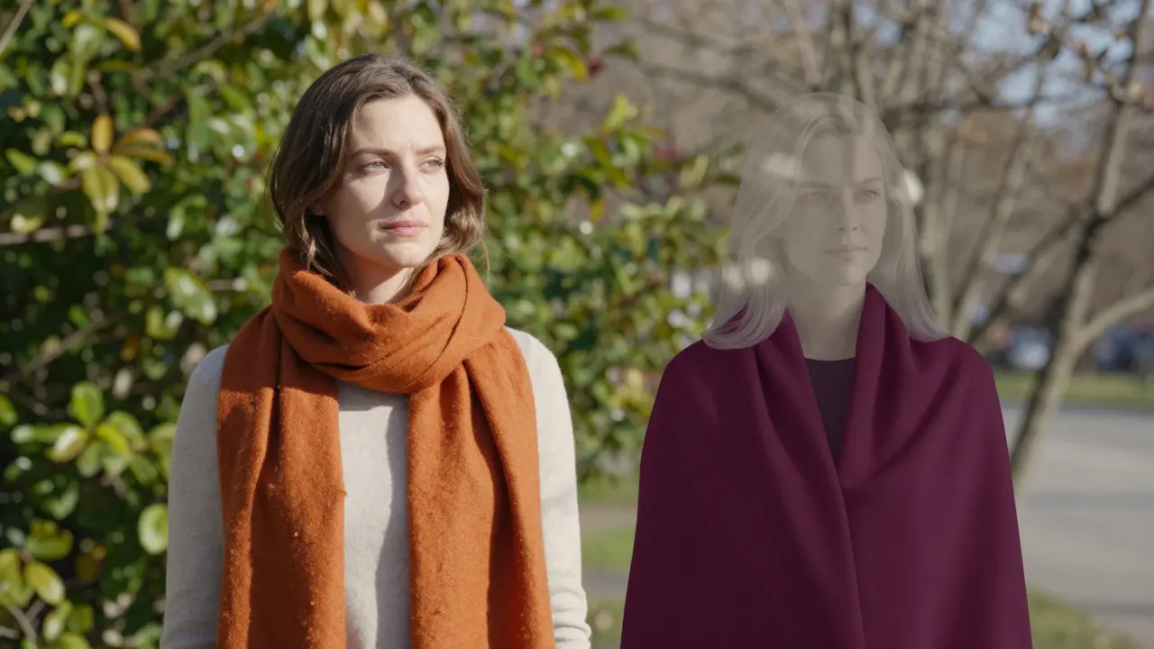 Same person in summer and winter outfits, showing how color choices adapt to skin tone changes.