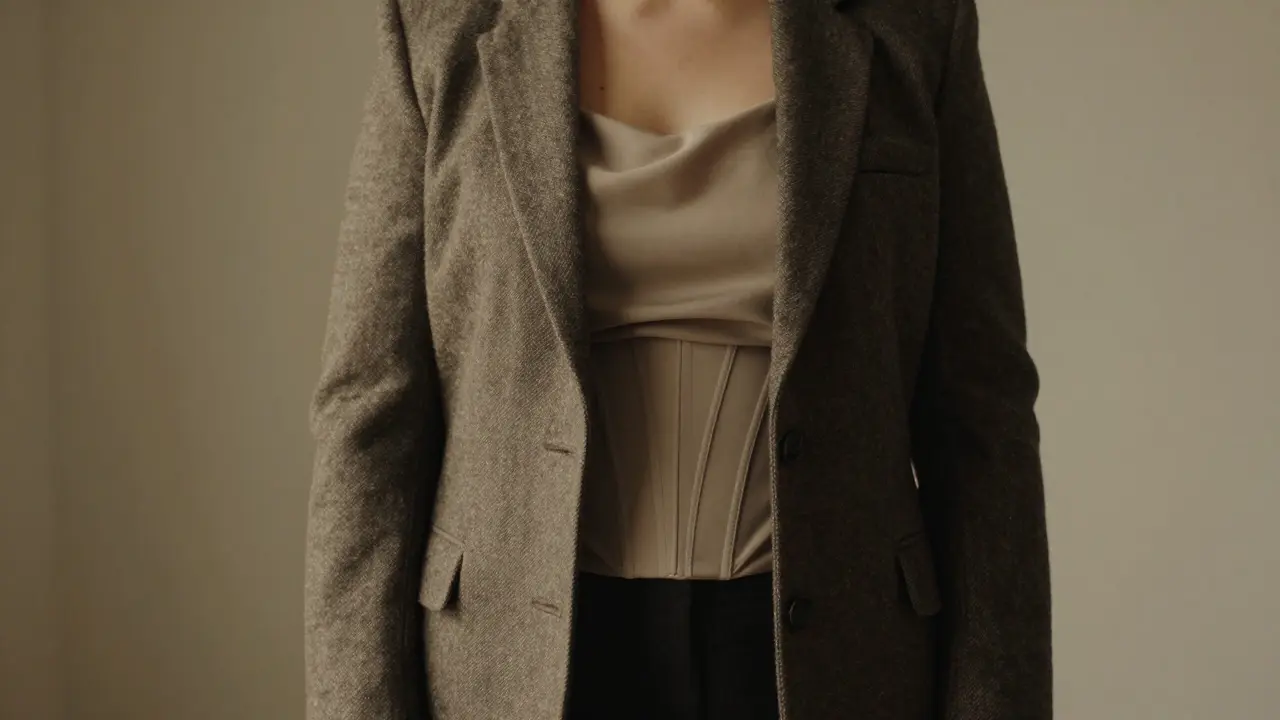 Someone wearing a tailored blazer over a draped top, showing how structure and fluidity balance the midsection.