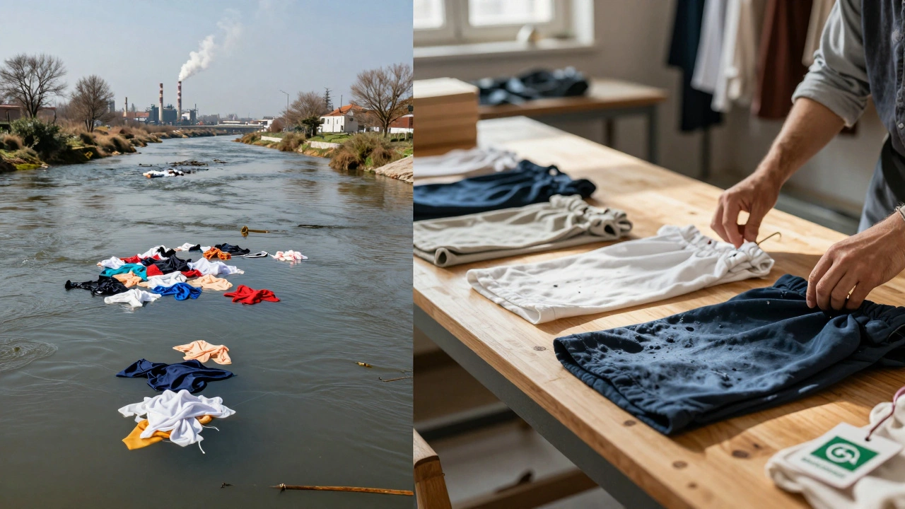 Split image: polluted river with trash vs. ethical clothing workshop
