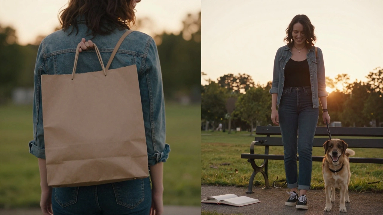 Split scene: person hiding shopping bag vs. walking dog peacefully at sunset.