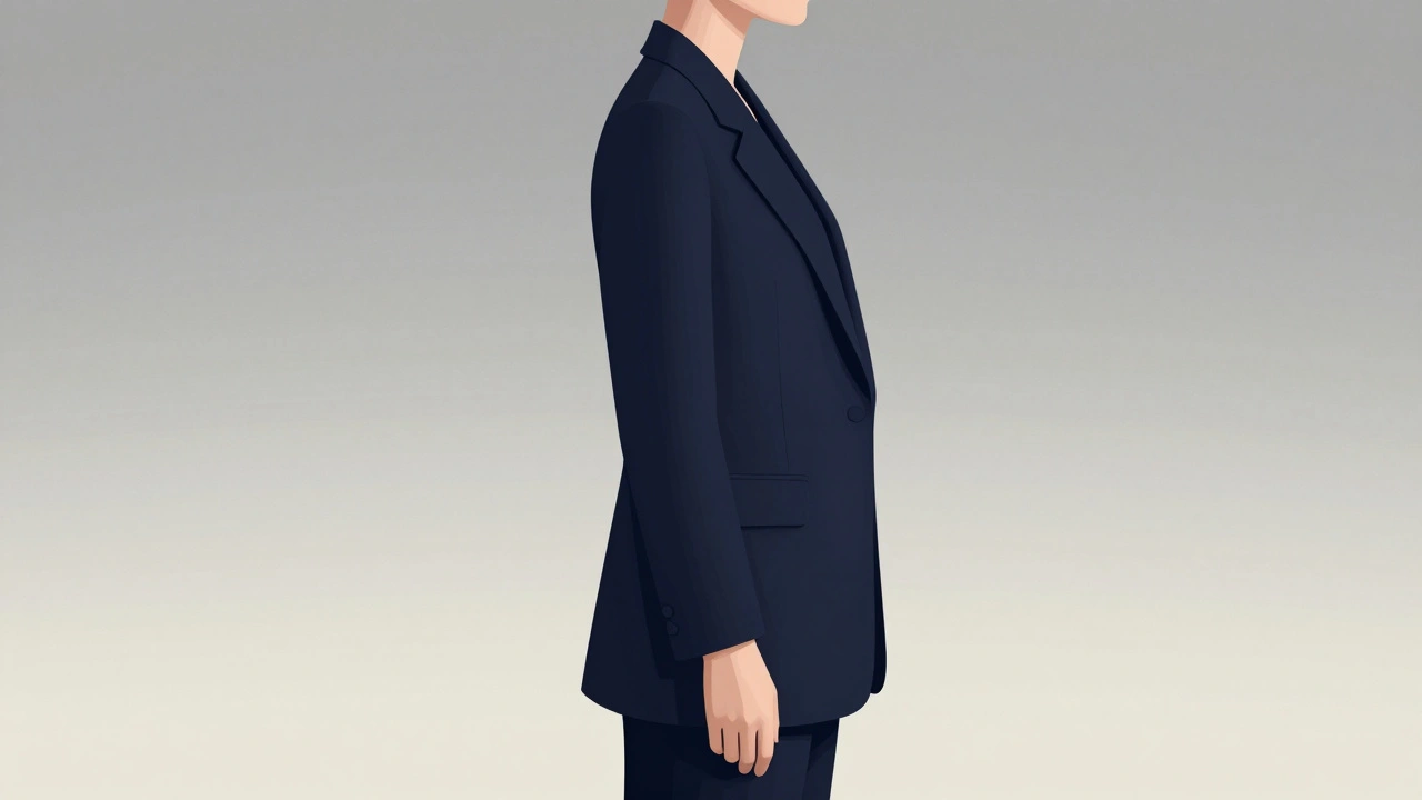 Tall woman in a tailored blazer with full-length sleeves ending precisely at the wrist, creating an elongated silhouette.