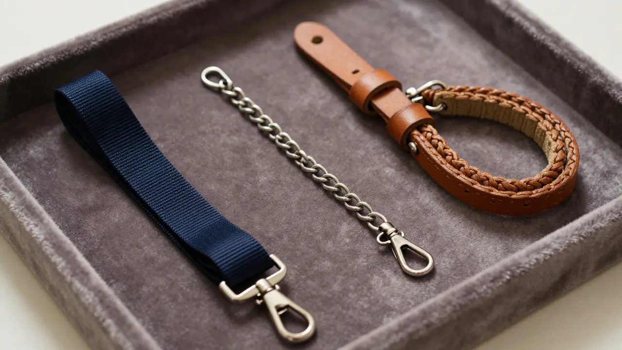 Three interchangeable handbag straps on velvet tray: nylon, chain, and braided leather.