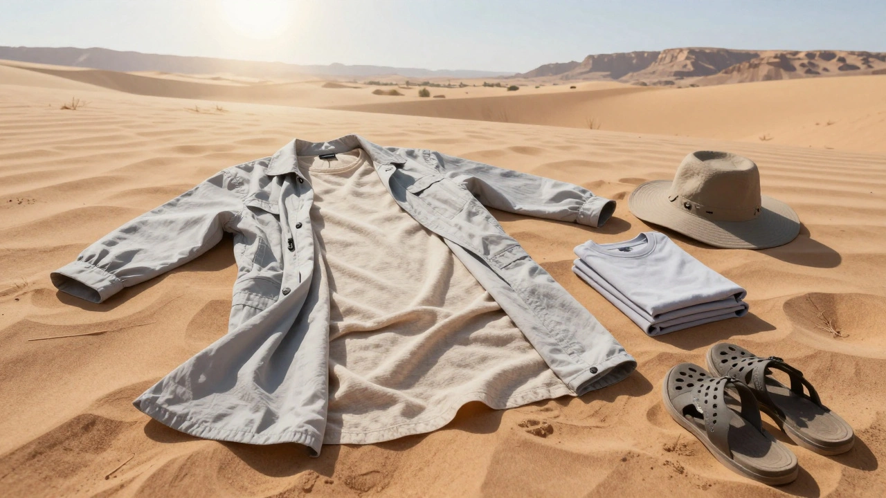 Three layers of desert-adaptive clothing—base, mid, and outer—laid out on sand with hat and sandals nearby.