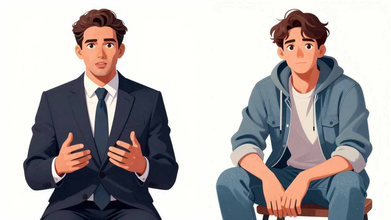 Two versions of the same person: one in a suit speaking confidently, the other in casual clothes slouching, showing how clothing affects body language.