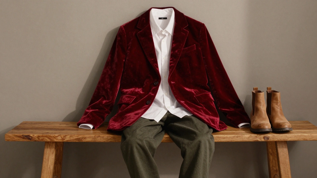 Velvet Ember blazer paired with white shirt and olive pants on a wooden bench, styled with tan boots and neutral tones.