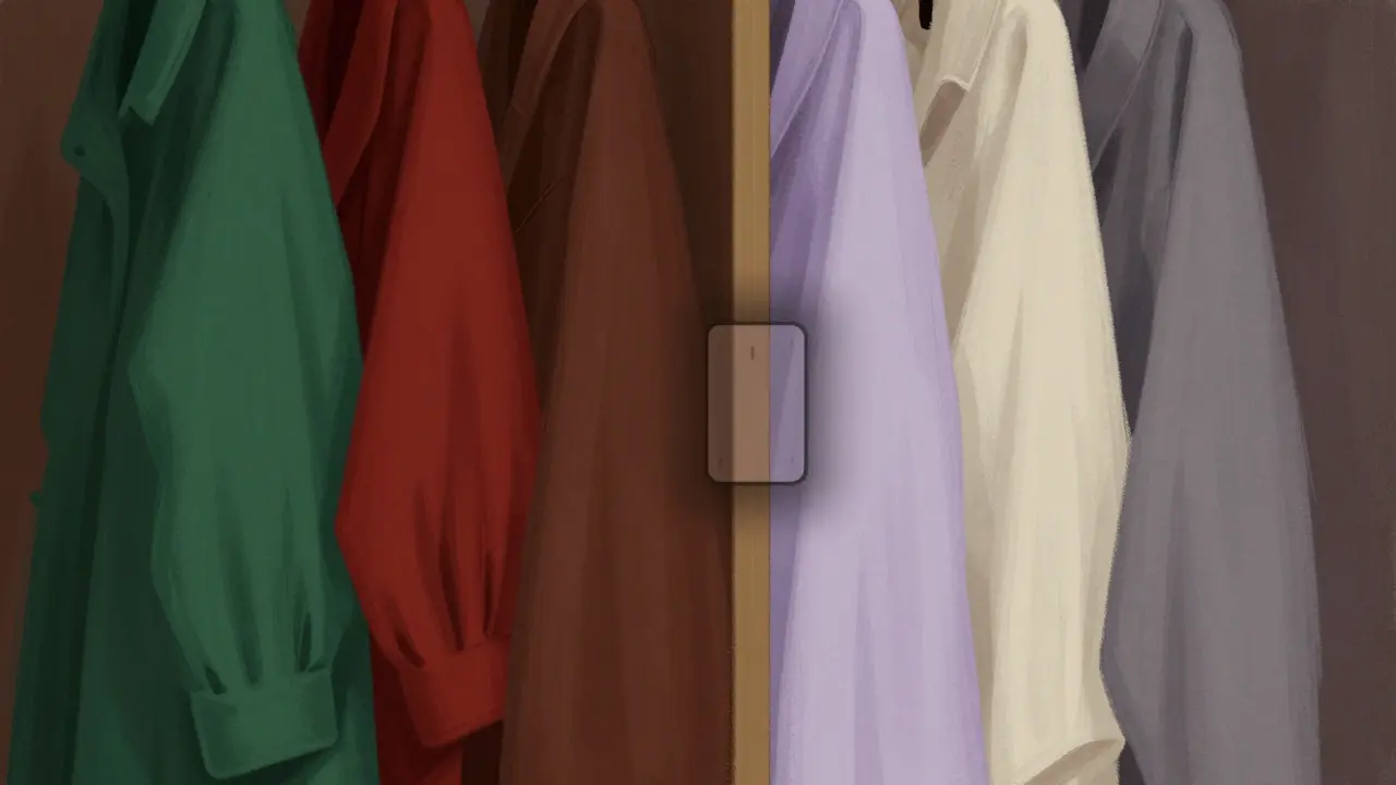 Wardrobe split between warm rich tones for tanned skin and soft muted tones for pale skin.