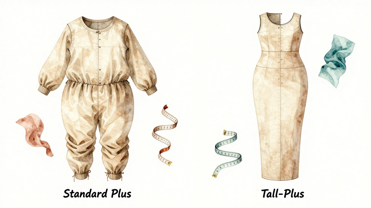 Watercolor illustration comparing distorted standard plus sizing versus properly proportioned tall-plus garment patterns.