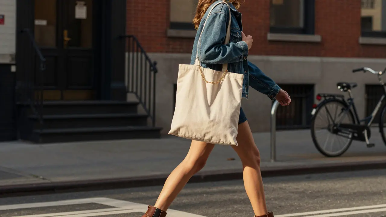 Woman carrying a canvas bag with gold chain strap crossbody on a city street.
