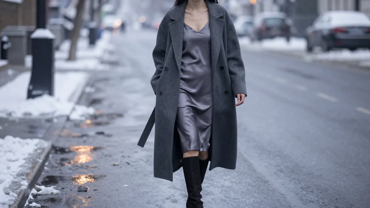 Woman in long wool coat over silk slip dress and ankle boots walking through a snowy urban street at dusk.