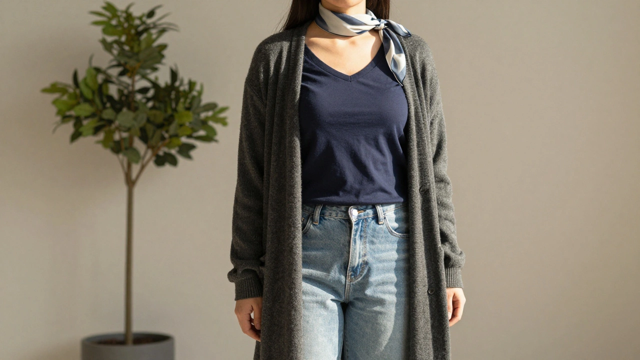 Woman with apple shape in navy tee and long cardigan, scarf drawing eye upward, light jeans.