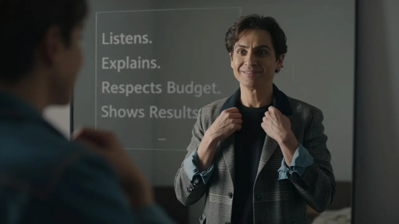 A confident client admires a curated outfit made from thrifted and existing pieces, with a faint checklist in the background.