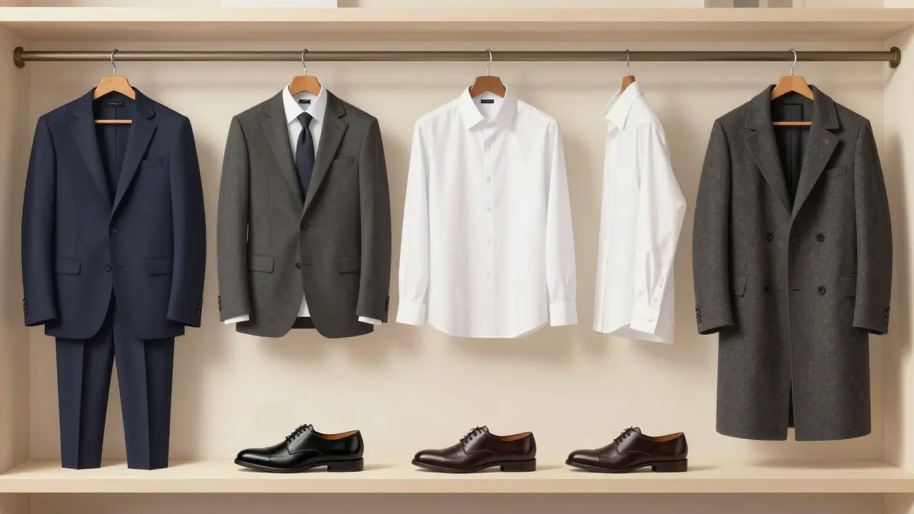 A curated collection of five essential professional wardrobe pieces displayed with minimalist elegance on wooden hangers and shelves.