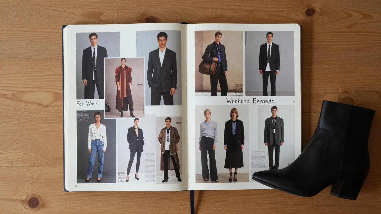 A handmade lookbook with collaged outfit images and labeled style categories.