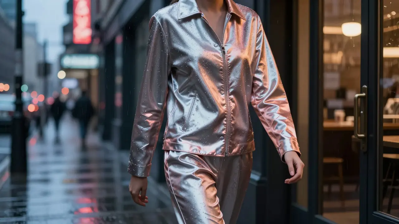 A metallic jacket changing color from silver to rose gold as someone enters a warm room.