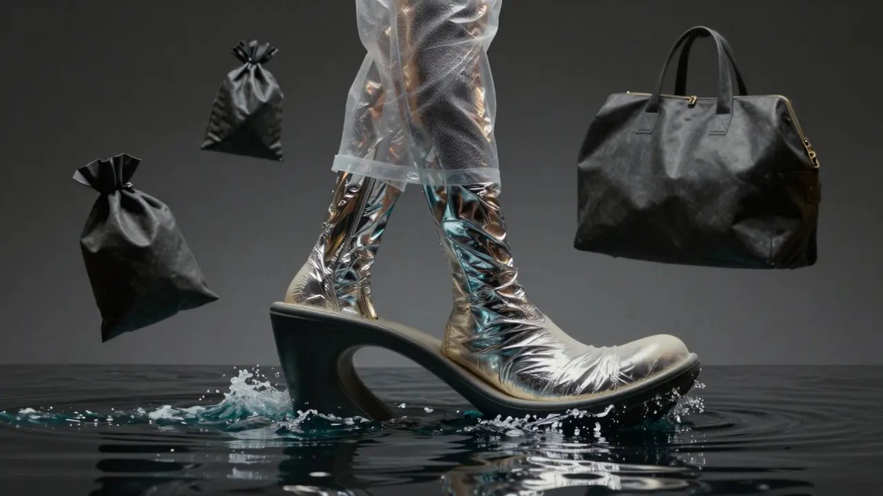 A sculptural wave-like shoe on reflective ground with sheer top and floating abstract bags.