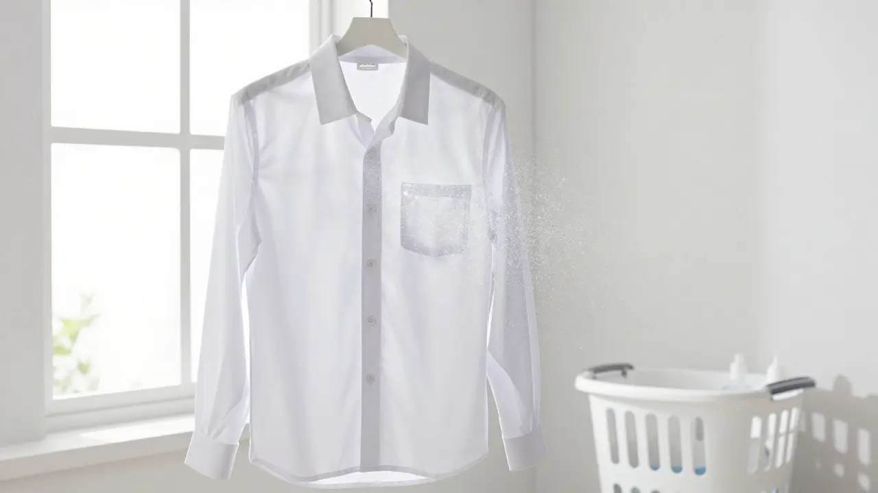 A self-cleaning shirt hanging by a window, UV light breaking down pollutants in the air.