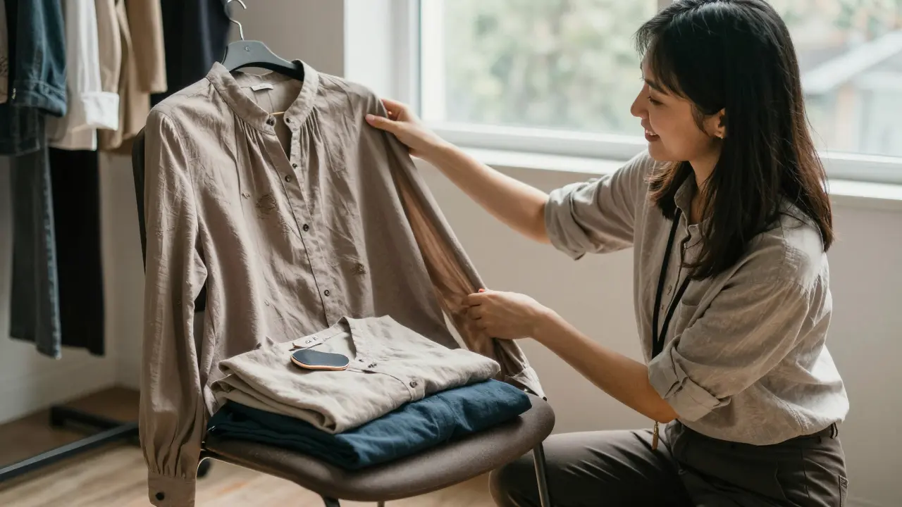 A skilled stylist helps a client style an outfit using existing clothes, with sunlight highlighting their relaxed smile.