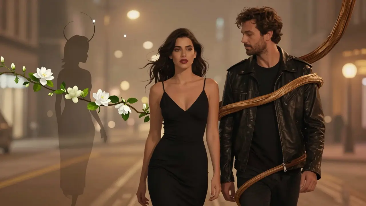 A woman in a black dress and a man in a leather jacket are surrounded by abstract floral and smoky scent symbols floating around them.