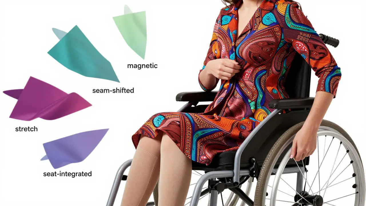 A woman in a patterned adaptive dress with side slits, adjusting a magnetic button, surrounded by design feature labels.