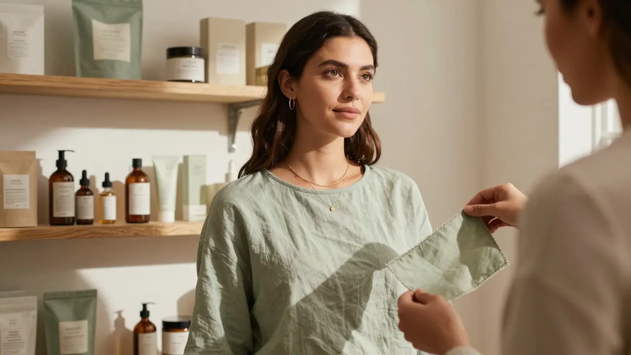 A woman in a sage green organic cotton top stands beside skincare packaging, in a sunlit studio.