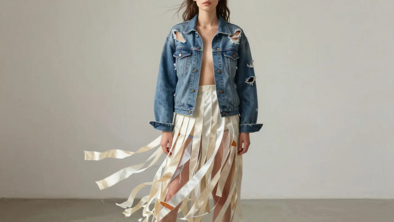 A woman in double-layered denim and a silk-strip skirt, fabrics catching light with movement.