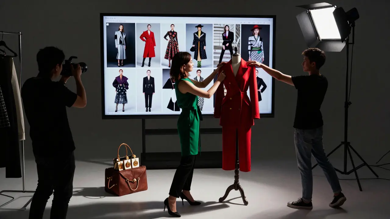An editorial stylist arranging a high-fashion ensemble for a magazine shoot with dramatic lighting.