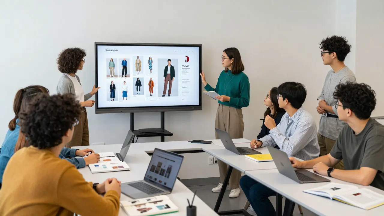 Aspiring stylists receiving portfolio feedback in a classroom at FIT with trend tools visible.