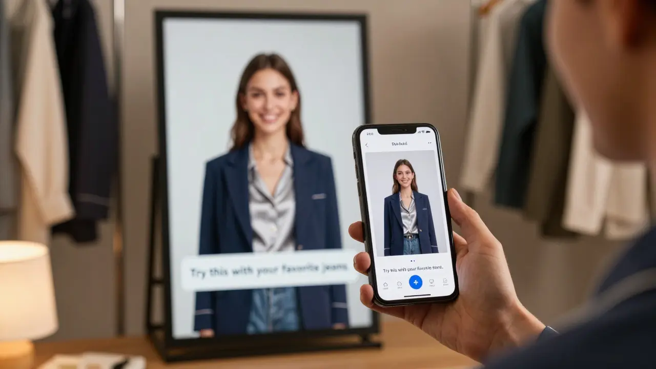 Client smiling at phone displaying AR preview of themselves in a new outfit, reflected in a smart mirror with a gentle suggestion.