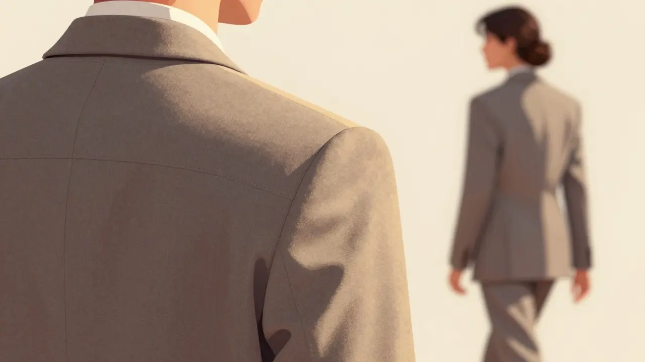 Close-up of a precisely constructed shoulder in a classic 80s-style blazer with subtle padding.