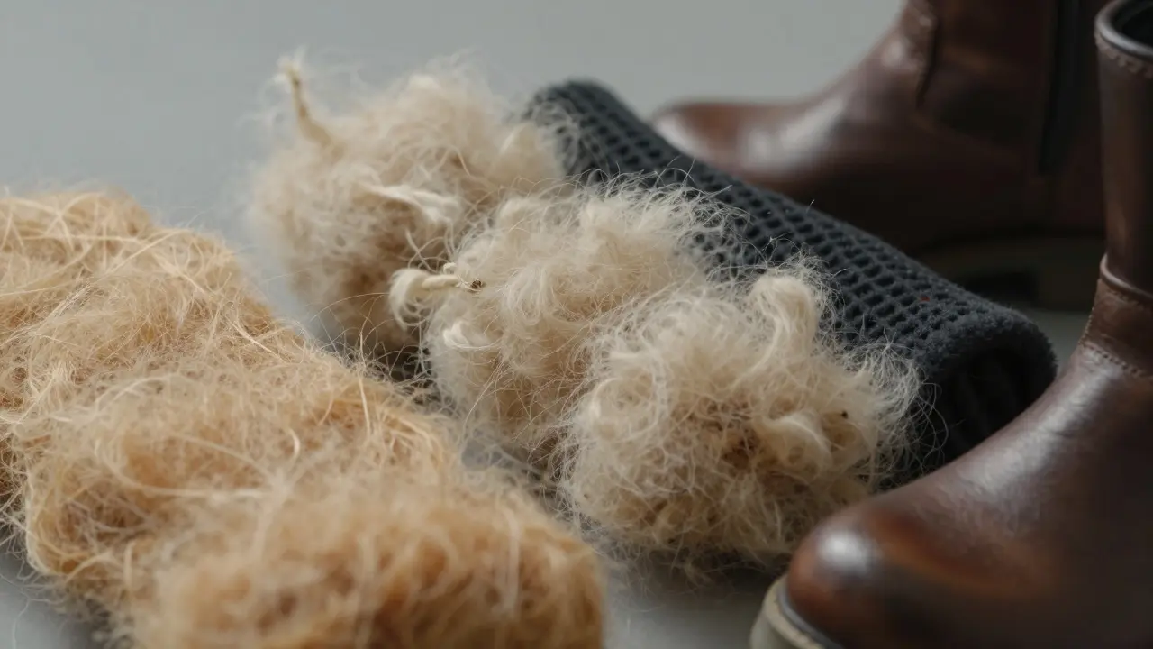 Close-up texture study of merino wool, down, fleece, and waterproof leather materials.