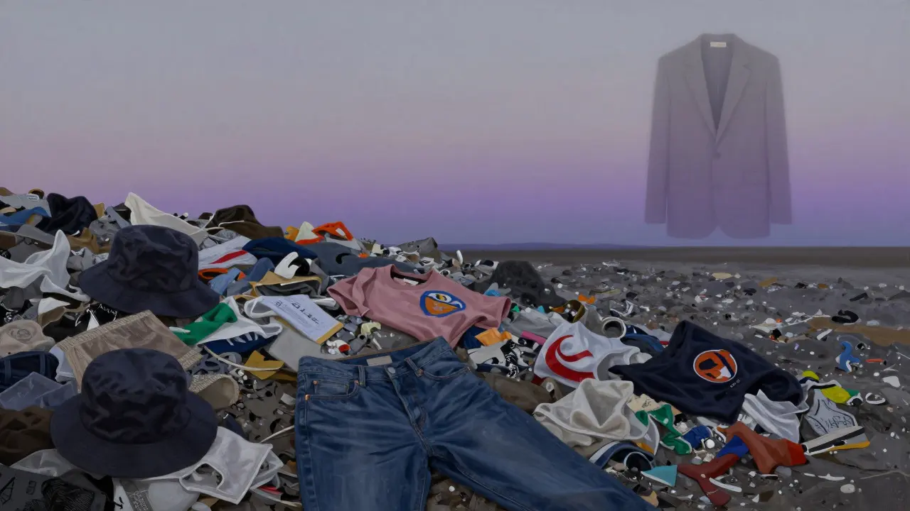 Discarded clothes in a landfill with a faint echo of the same trend reappearing on a distant runway.