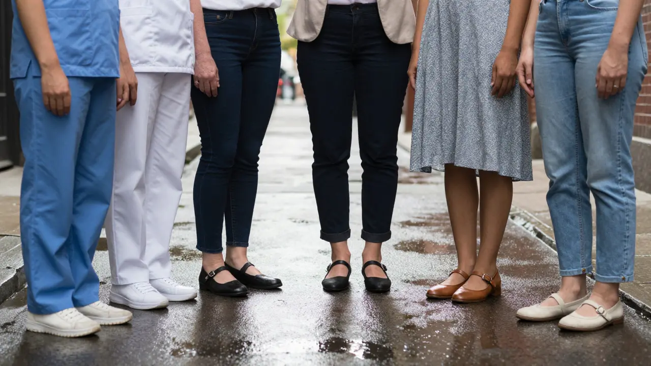 Diverse group of women standing together in various Mary Jane styles, reflecting in a wet urban alley.