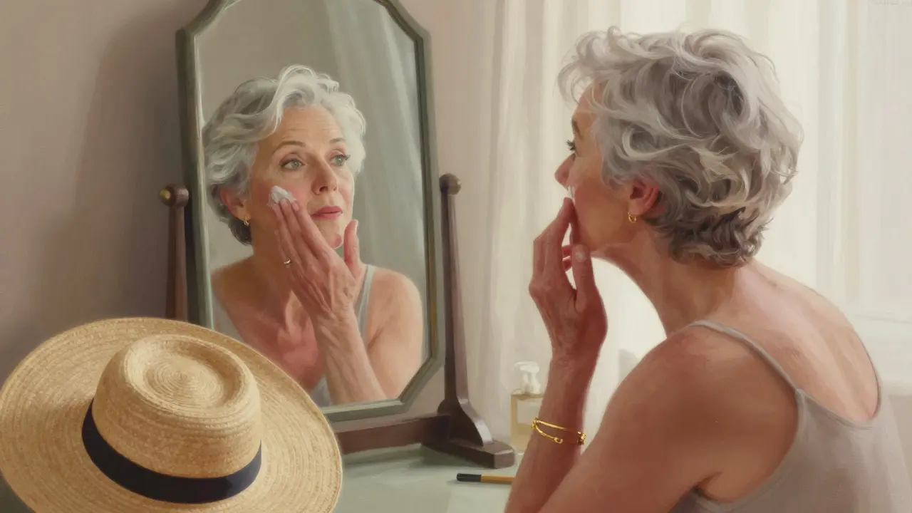 Elderly woman applying cream blush while gazing in a mirror, silver pixie cut, straw hat nearby.