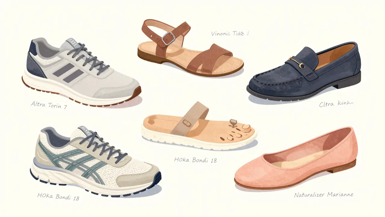 Five fashionable bunion-friendly shoes displayed with visible wide toe boxes and supportive features.