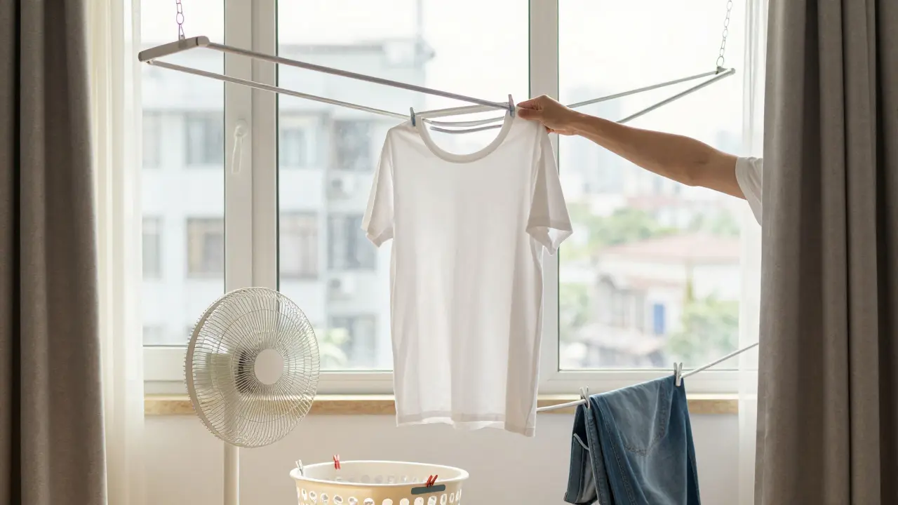 Hand hanging a T-shirt on an indoor clothesline near a window with a fan blowing.
