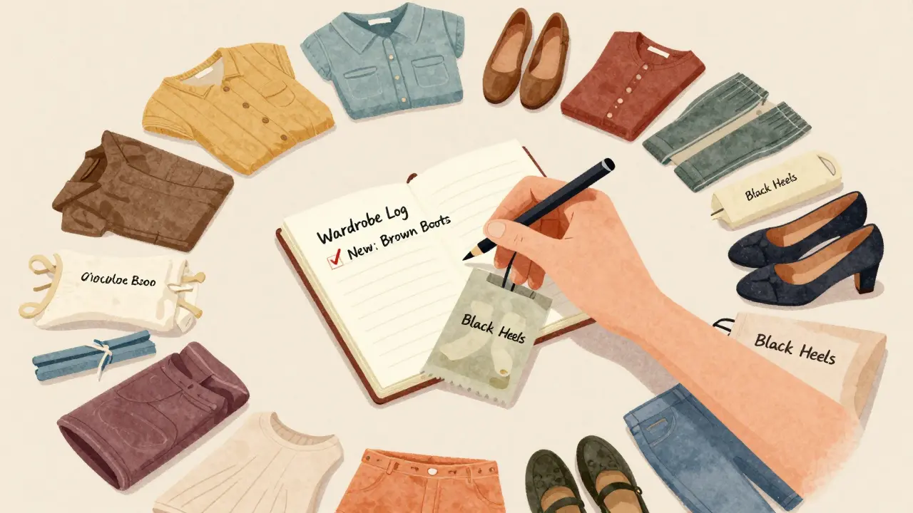 Hand writing in a wardrobe log while donating an item, surrounded by 35 carefully chosen clothing pieces.